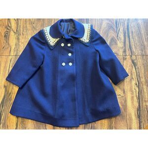 Vtg Yorkster Wool Swing Coat Girls 3T(?) Rich Blue Pleated Lace Collar